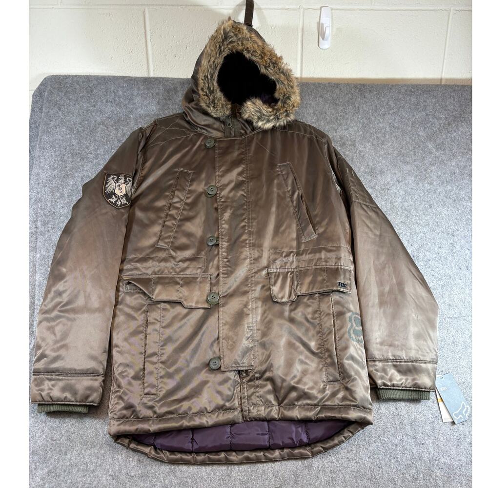Fox Racing Parka Jacket Men Small Brown Satin Faux Fur Hood Insulated Winter NWT